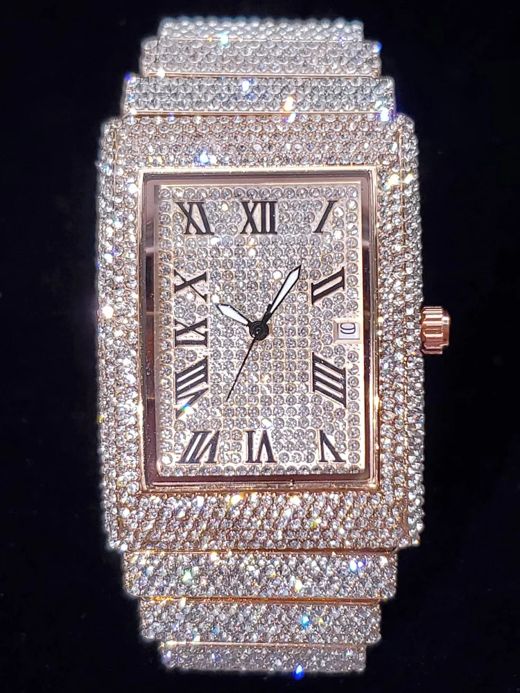 Gold Men's Watches Rectangle Dial Luxury Diamond Fashion Big Wristwatches Luminous Point Iced Quartz Watch For Men Dropshipping