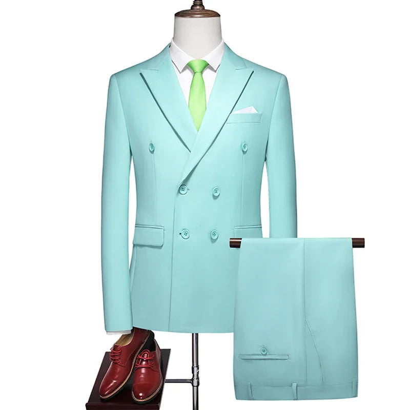 Mens Double Breasted Suit Blazer Pants British Style Business Formal