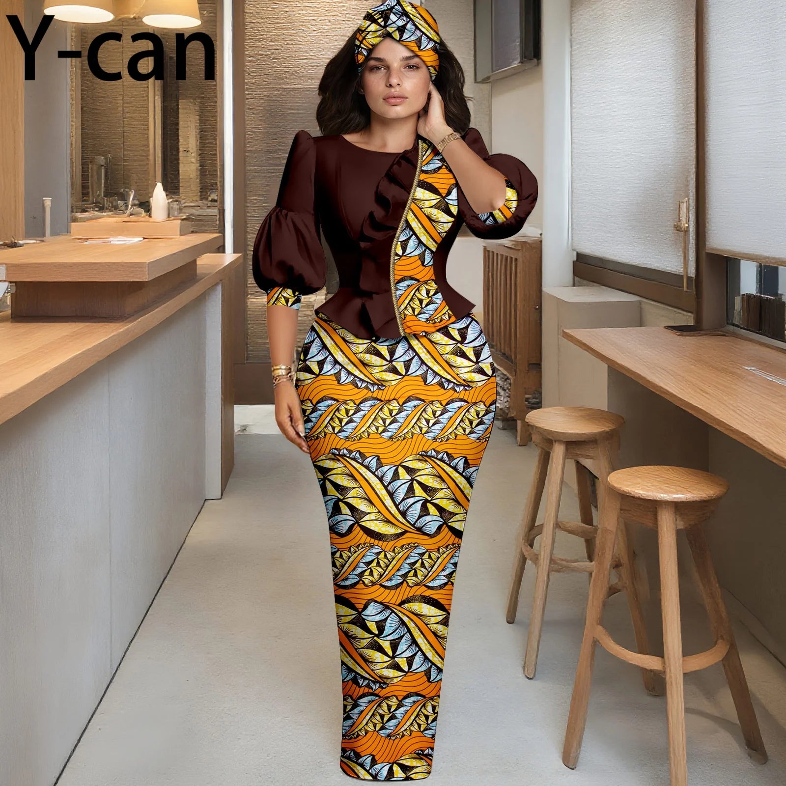 Y-can African Women Skirt Set With Headwrap and Ruffled Top