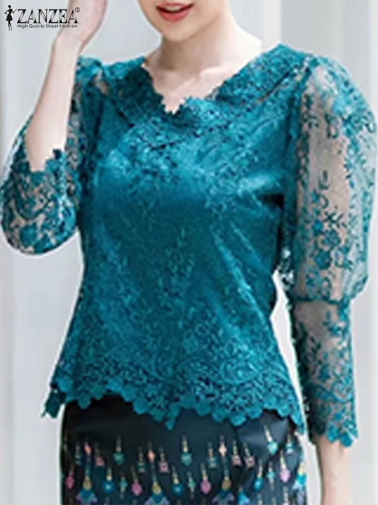 ZANZEA Summer Lace Blouse Hollow Out Floral O-Neck 3/4 Sleeve