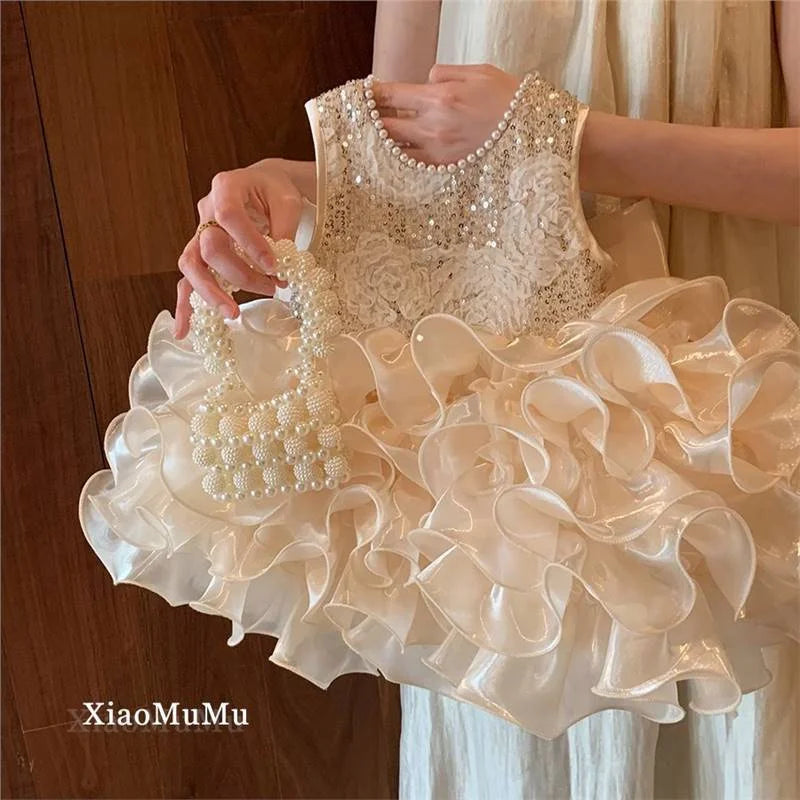 Girls Sequin Puffy Dress Kids Bead Flower Hemline Princess Dresses Baby Birthday Party Gown Ball Children Clothes 1-8 Years