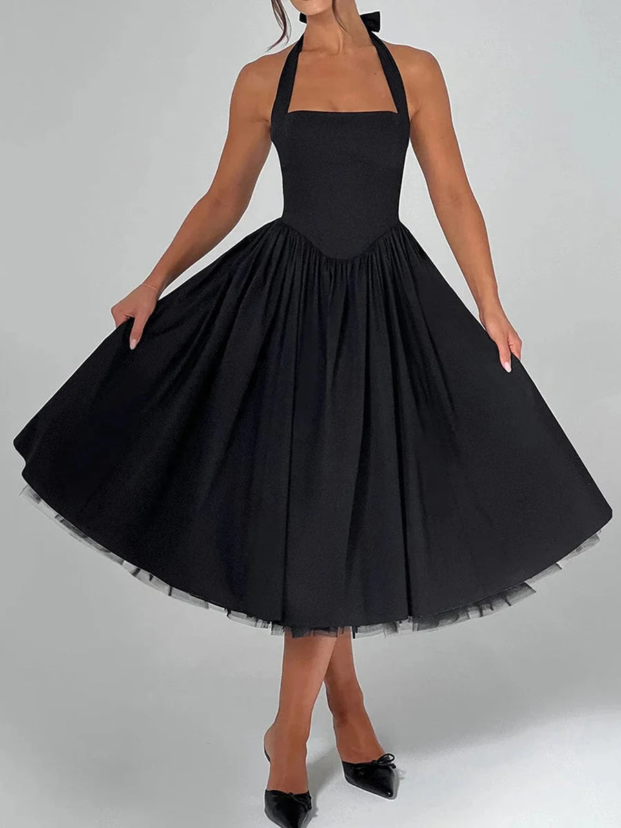 Hirigin Velvet Sleeveless Midi Dress With Halter Neck Open Back