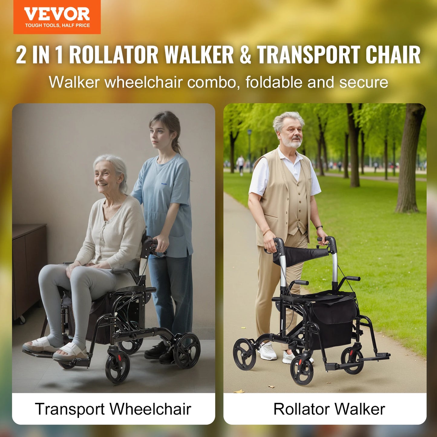 VEVOR 2 In 1 Rollator Walker Transport Chair for Seniors