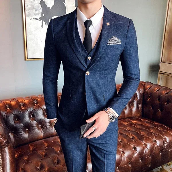 S-7XL (Jacket+Vest+Pants) Fashion Boutique Lattice Formal Business Mens Suit 3Pcs Set Groom Wedding Dress Plaid Suit Show Stage
