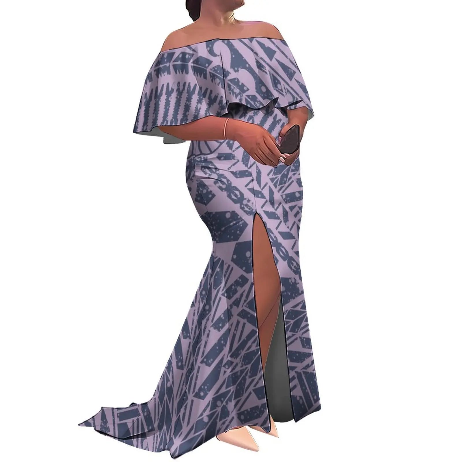 Tax Free Custom Logo Ladies Fishtail Evening Dress Polynesian Frill Off the Shoulder Split Mermaid Long Maxi New Zealand Dress