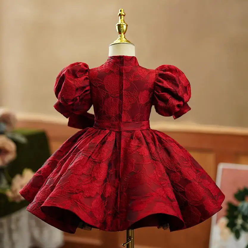 Summer New Children's Princess Ball Gown Kids Bow Puff Sleeve Design Wedding Birthday Baptism Party Red Dresses For Eid  A2051