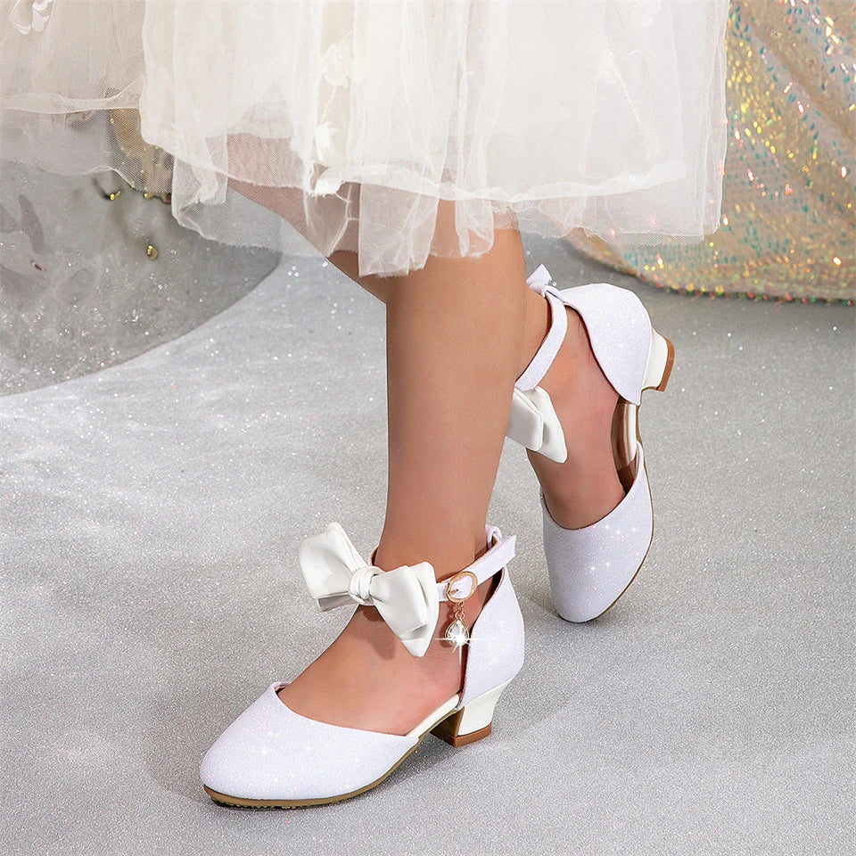 Shiny Luxury Children Wedding Bridesmaids Elegant Party High Heels Leather Shoes Ankle Length Gala Celebration Fancy Girl Sandal