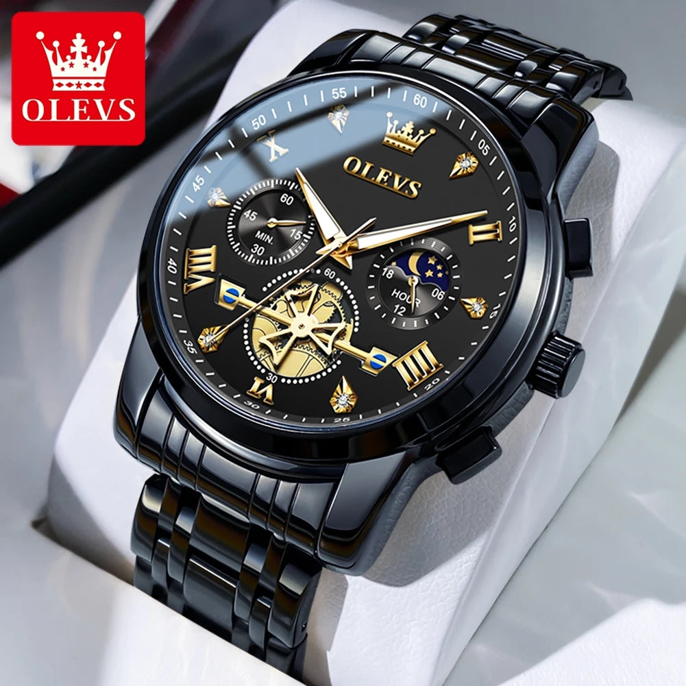 OLEVS 2856 Quartz Men Watch Flywheel Skeleton Chronograph Moon Phase