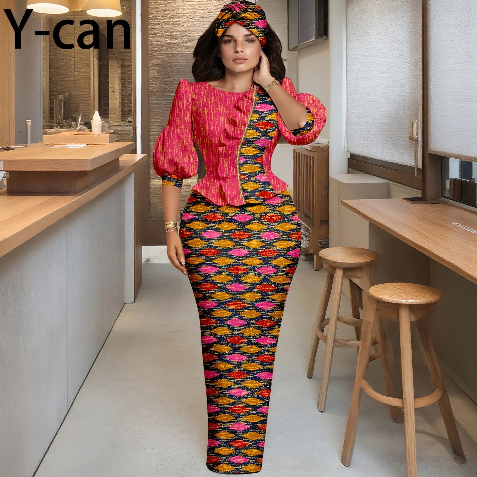 Y-can African Women Skirt Set With Headwrap and Ruffled Top
