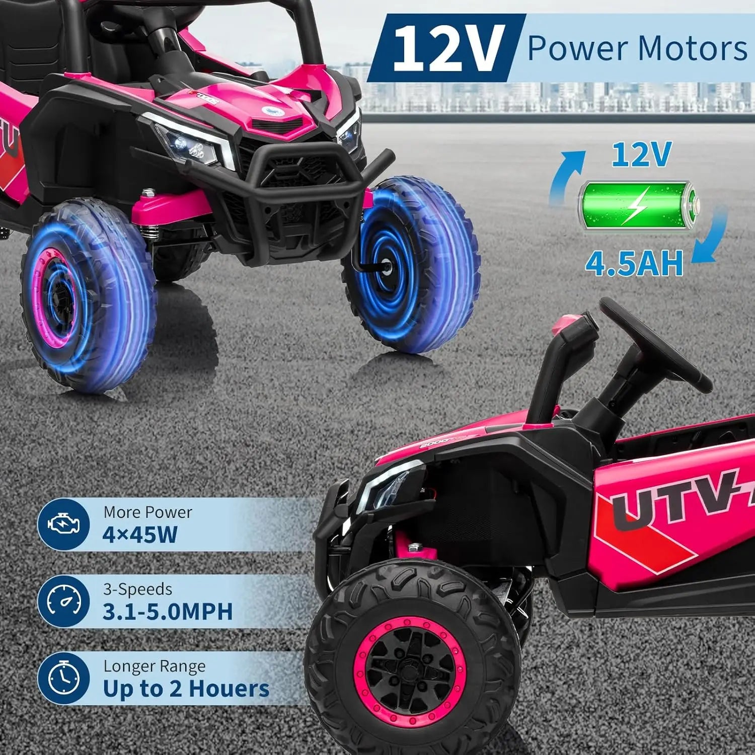 Bluetooth Music LED Lights Kids Ride On Car UTV Truck with Remote Control 4WD/2WD Switchable Electric Vehicle with Safety Belt