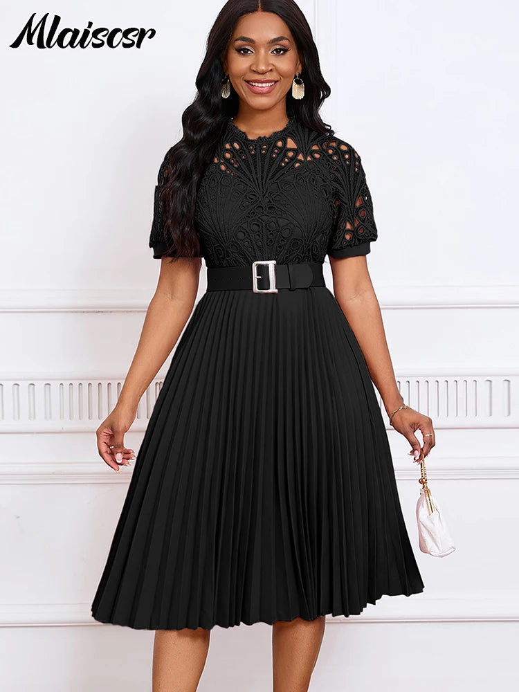 Mlaiscsr Elegant Wedding Guest Pleated Lace Patchwork Dress With Belt