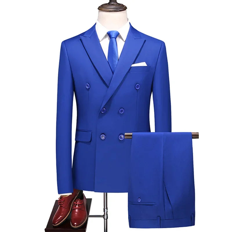 Mens Double Breasted Suit Blazer Pants British Style Business Formal