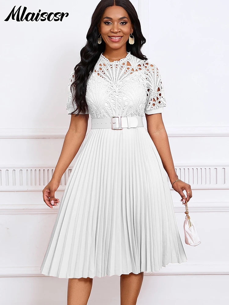 Mlaiscsr Elegant Wedding Guest Pleated Lace Patchwork Dress With Belt