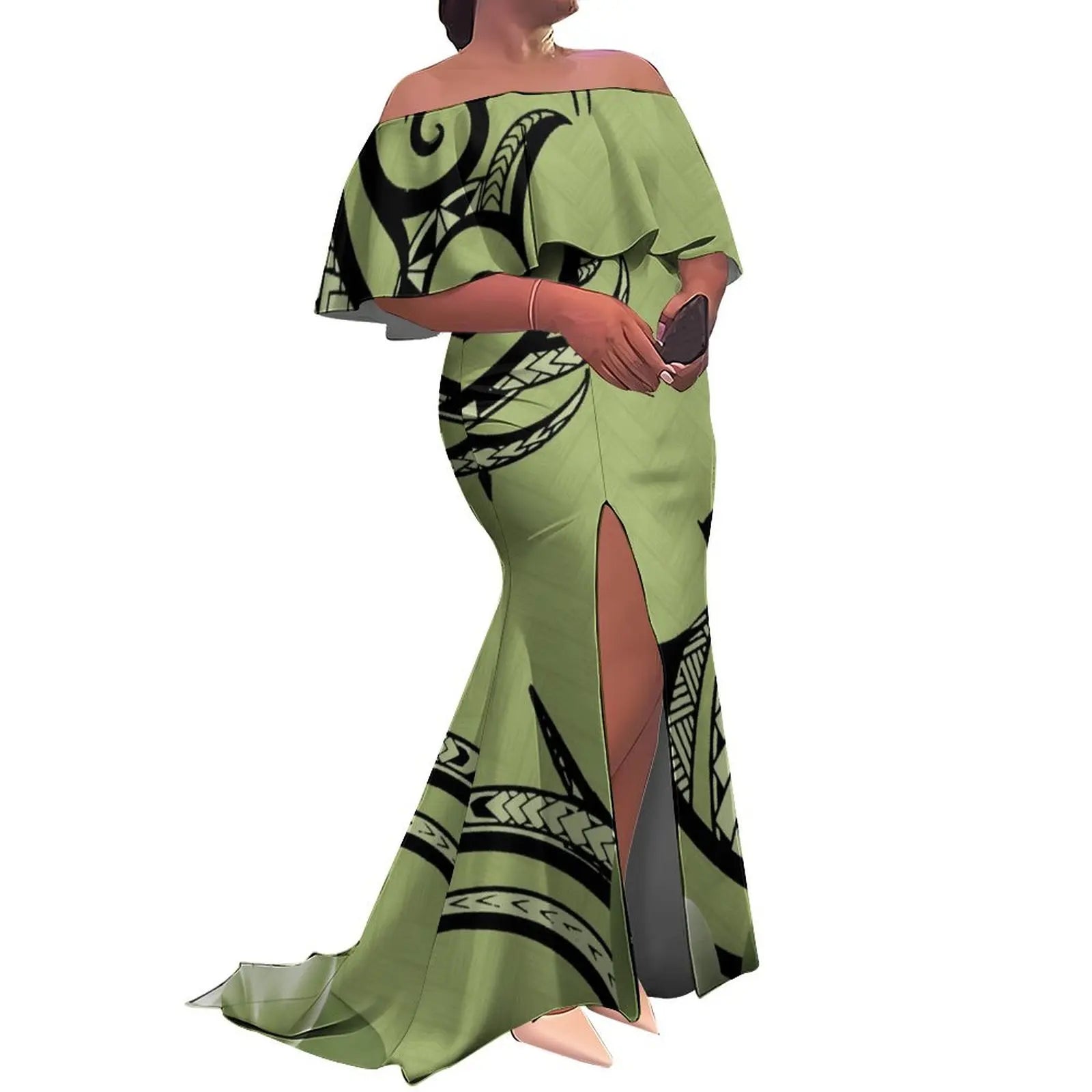 Tax Free Custom Logo Ladies Fishtail Evening Dress Polynesian Frill Off the Shoulder Split Mermaid Long Maxi New Zealand Dress