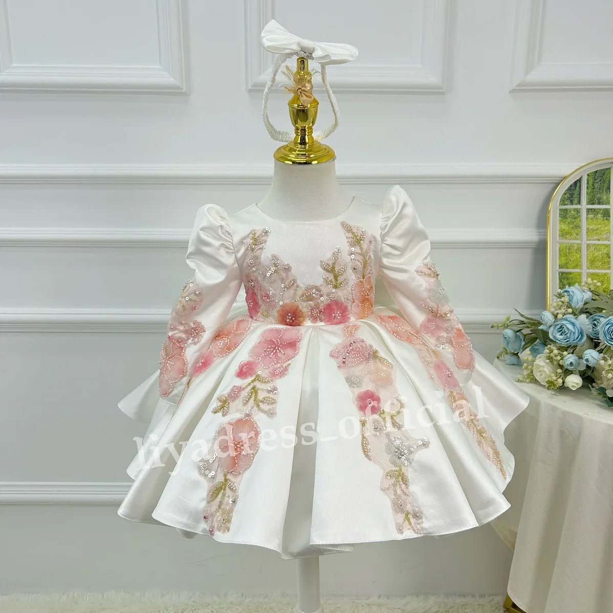 Elegant long sleeve atin embroidered Flower Girl Dress 1st Birthday Pageant Party Prom Gown flower wedding piano performance  Pr
