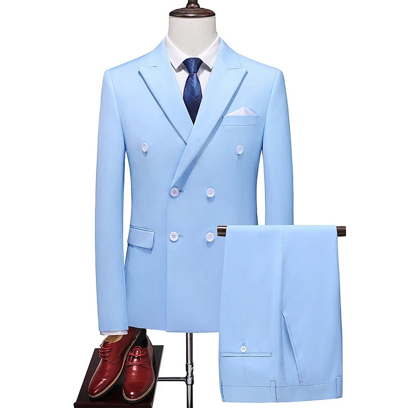 Mens Double Breasted Suit Blazer Pants British Style Business Formal