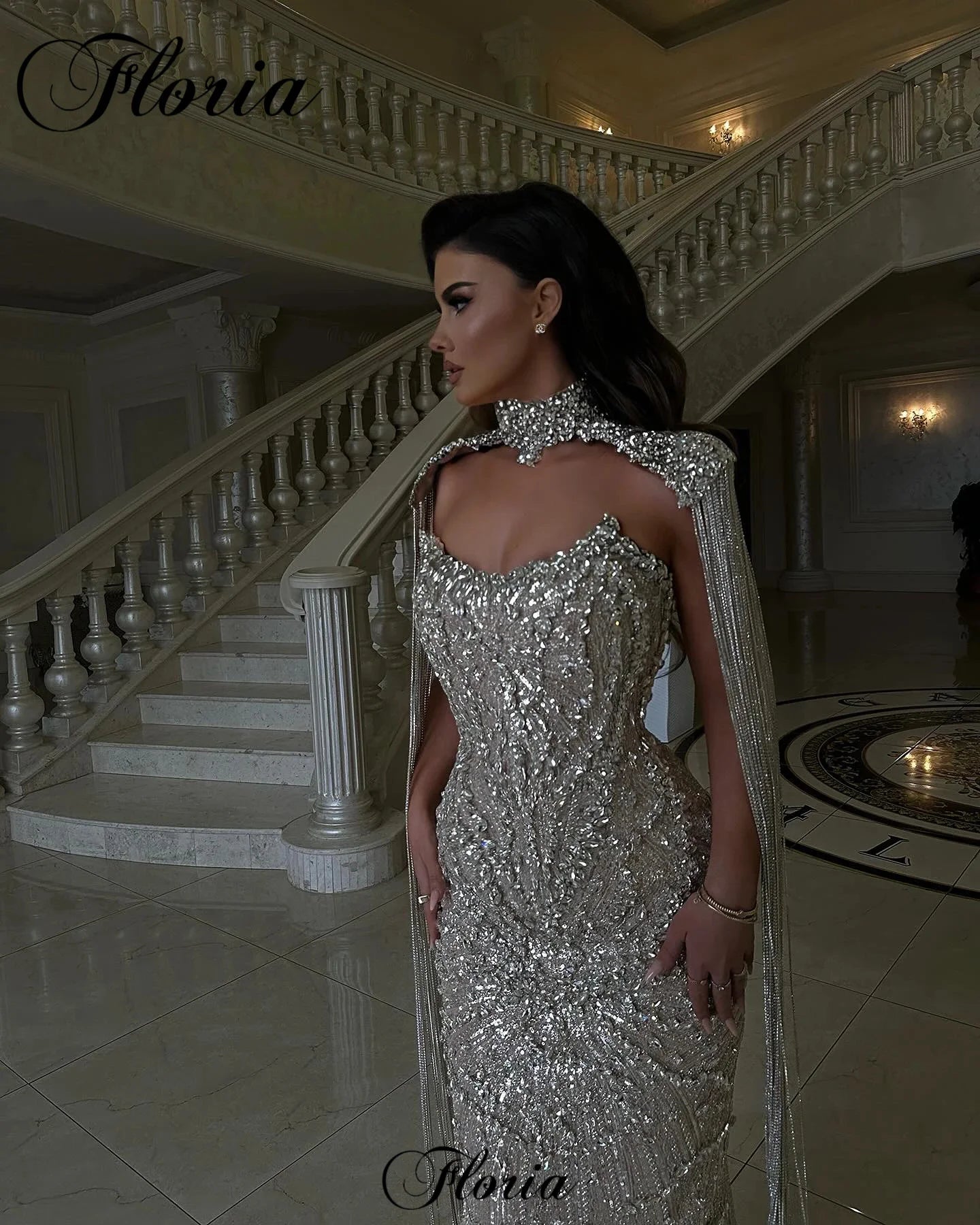 Sparkly Shiny Silver Evening Dresses Luxury Crystals Mermaid Celebrity Dresses With A Cape Vestidos Para Mujer Prom Party Dress