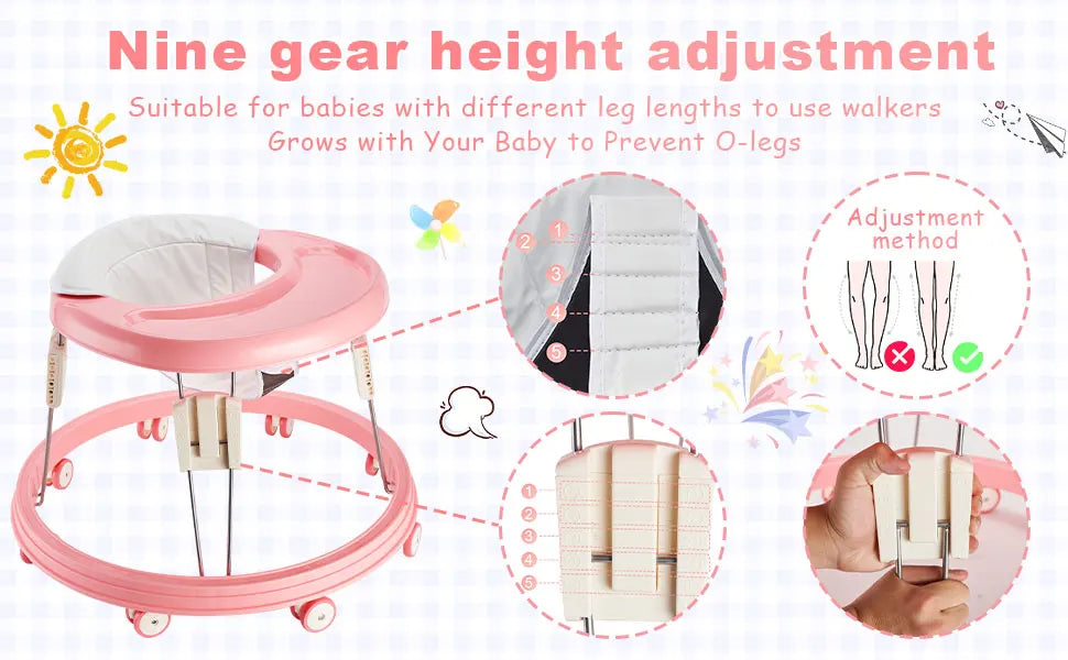 Baby Walker Foldable Multi-Function Anti-Rollover Walker with Brake Design 5 Level Height Adjustable
