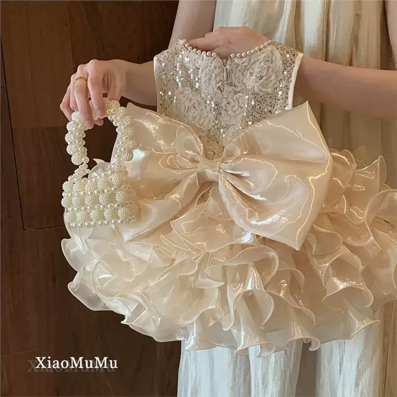 Girls Sequin Puffy Dress Kids Bead Flower Hemline Princess Dresses Baby Birthday Party Gown Ball Children Clothes 1-8 Years