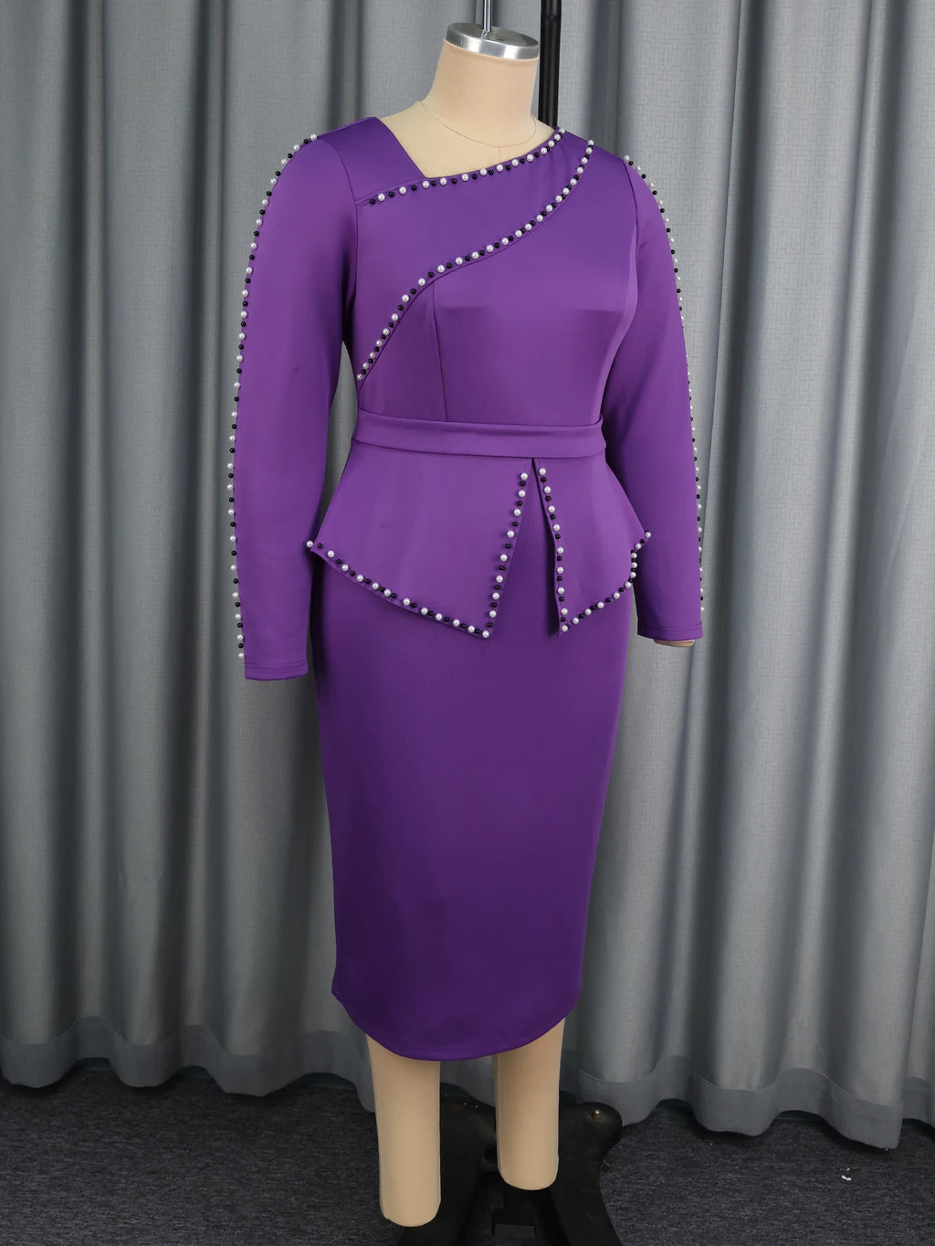 AOMEICN Women Elegant Midi Dress Beaded Trim With Asymmetrical Neck