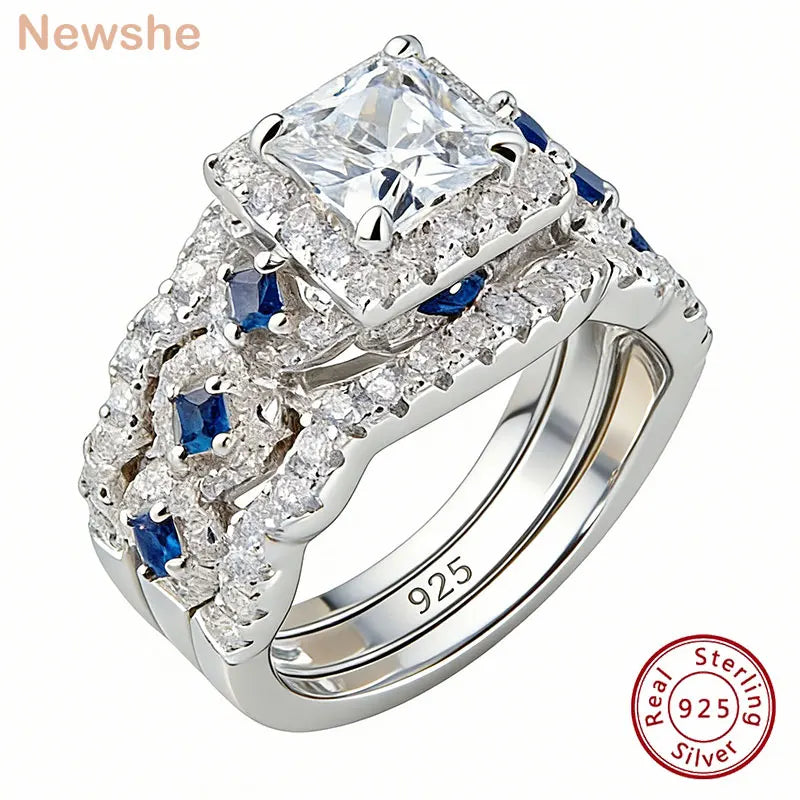 Newshe 3 Pcs Wedding Rings Set for Women 925 Silver 2.6Ct Princess Cut White Blue AAAAA CZ Luxury Bridal Engagement Jewelry