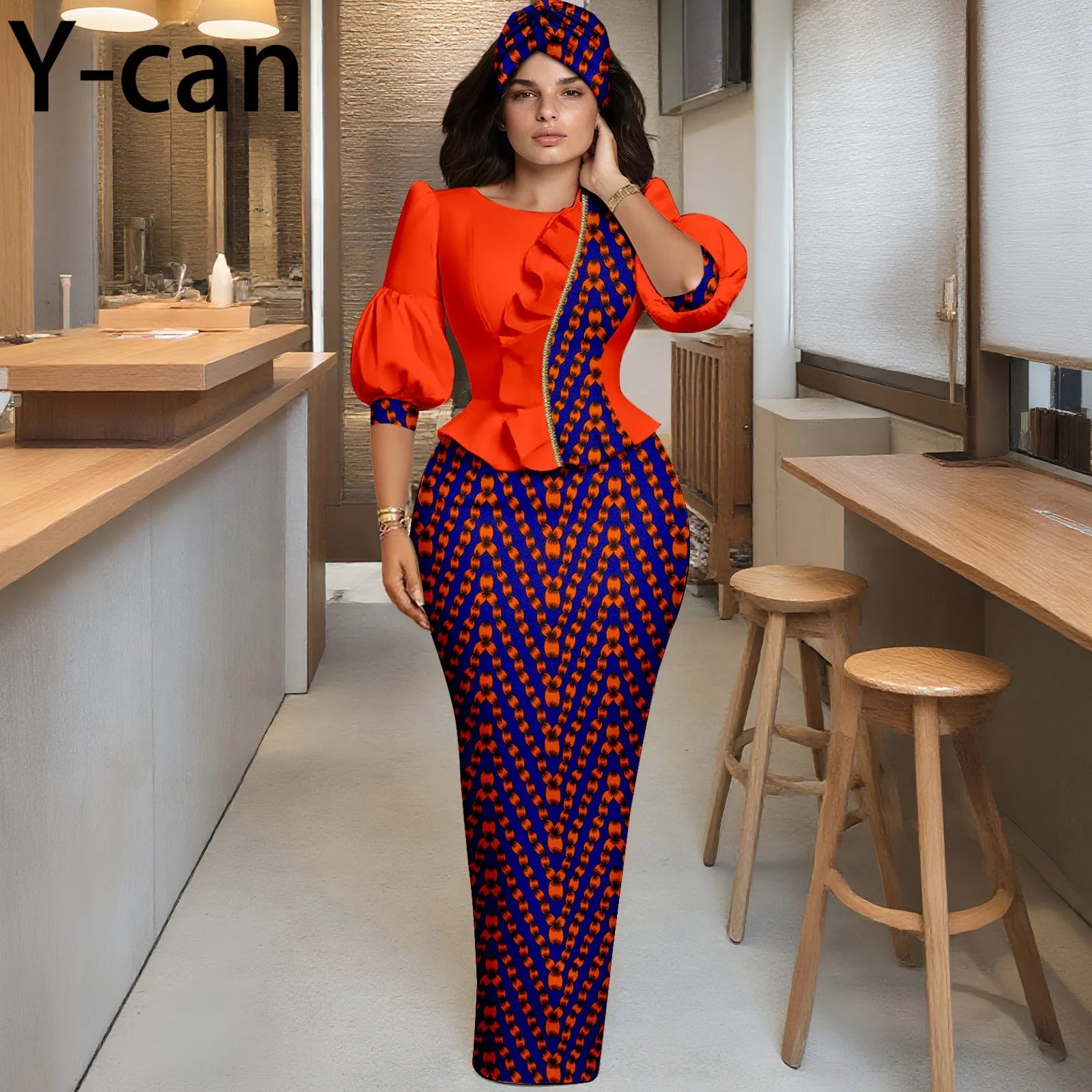 Y-can African Women Skirt Set With Headwrap and Ruffled Top