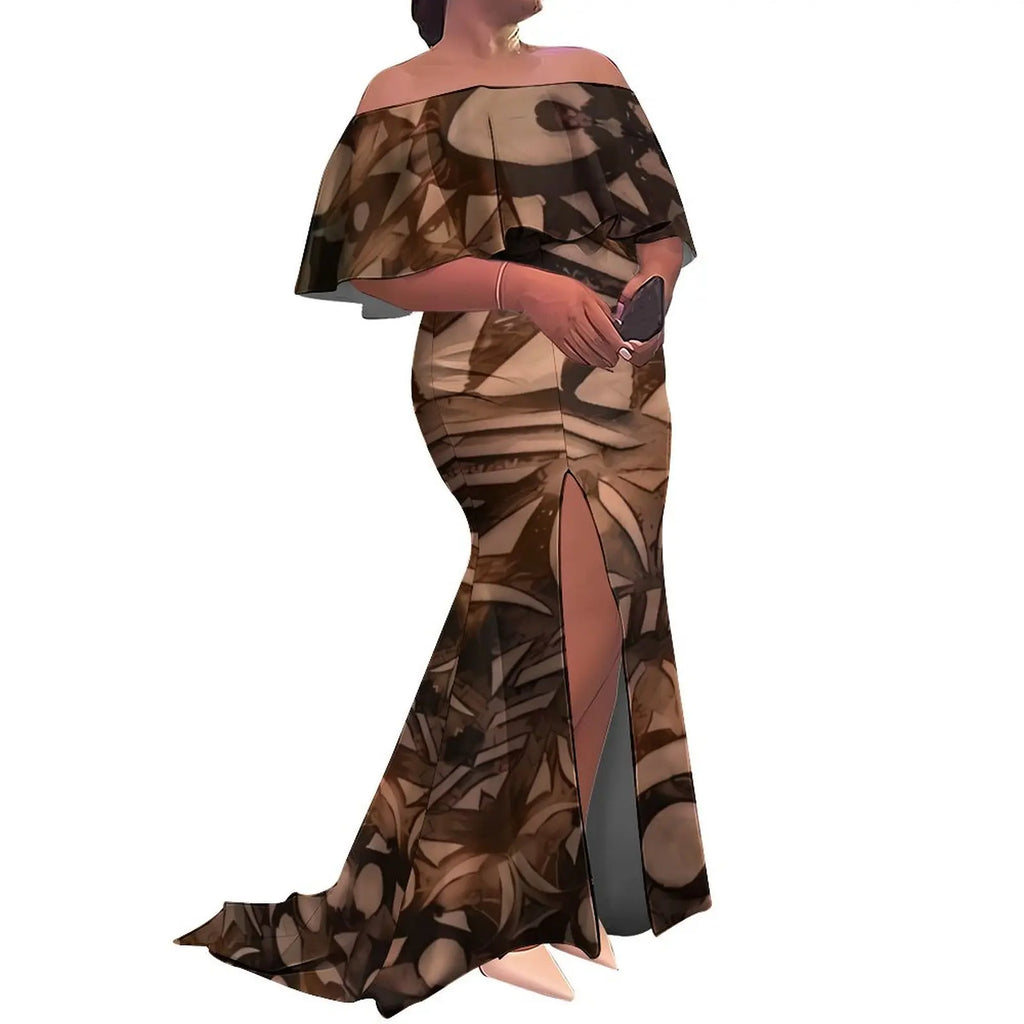 Tax Included Custom  Polynesian Tribal Design  Print Slit Pleated Plus Size Mermaid Dress Off Shoulder Prom Women Dress