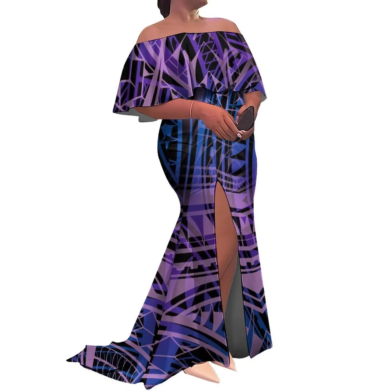 Tax Free Custom Logo Ladies Fishtail Evening Dress Polynesian Frill Off the Shoulder Split Mermaid Long Maxi New Zealand Dress