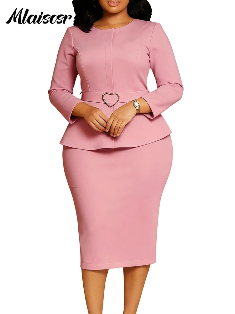 Mlaiscsr African Women Formal Office Dress With Belt O Neck Long Sleeve