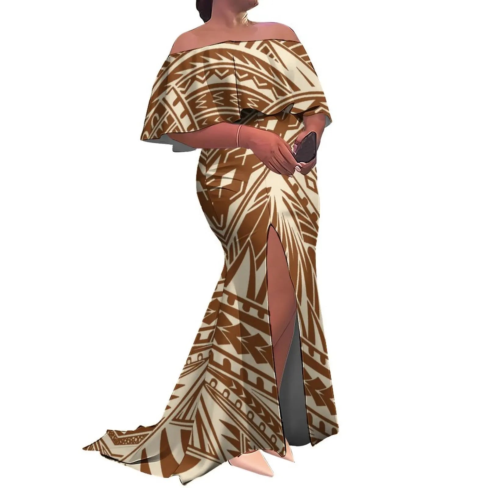 Tax Included Custom  Polynesian Tribal Design  Print Slit Pleated Plus Size Mermaid Dress Off Shoulder Prom Women Dress