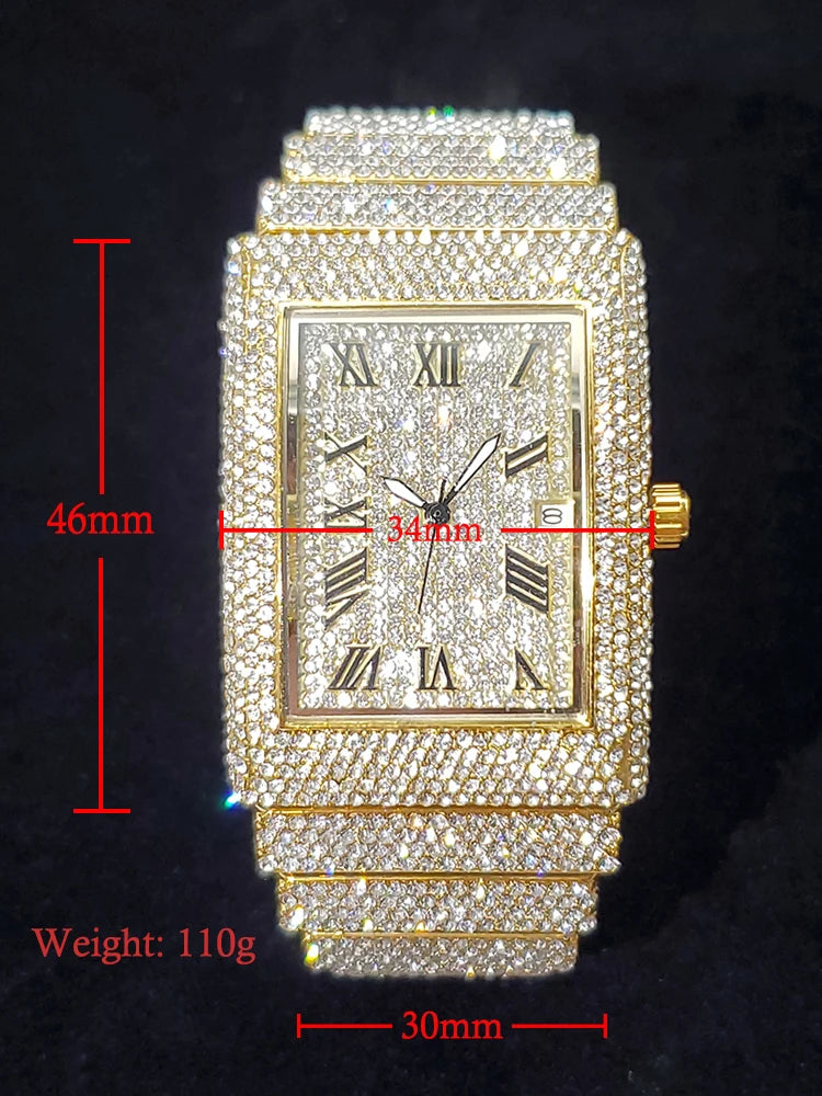 Gold Men's Watches Rectangle Dial Luxury Diamond Fashion Big Wristwatches Luminous Point Iced Quartz Watch For Men Dropshipping