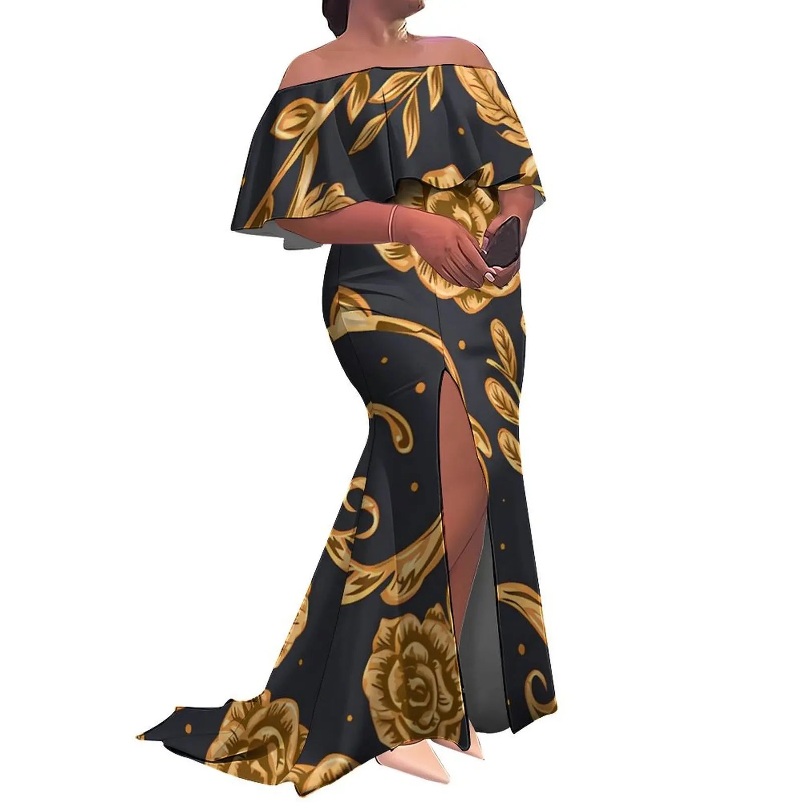 Tax Included Custom  Polynesian Tribal Design  Print Slit Pleated Plus Size Mermaid Dress Off Shoulder Prom Women Dress