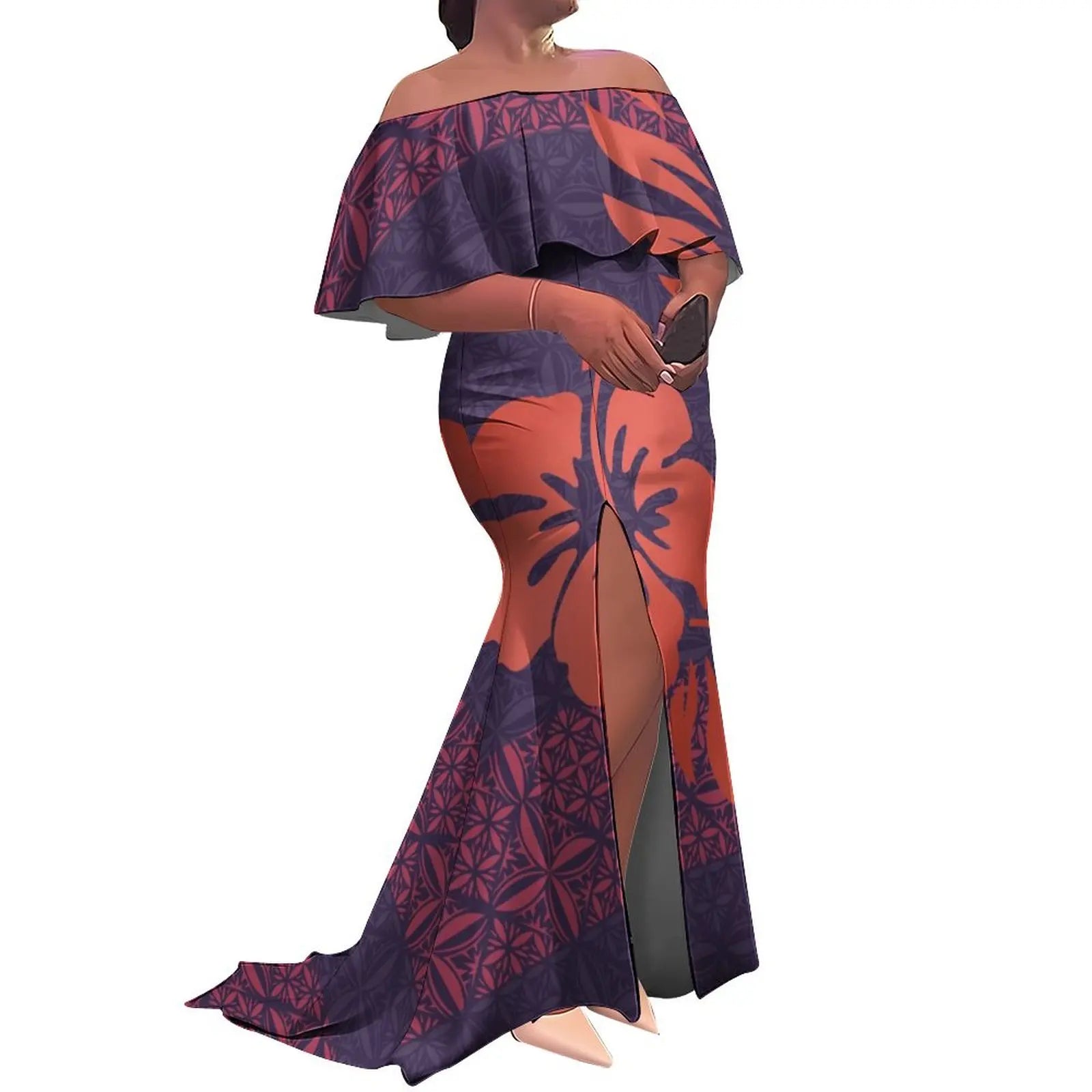 Tax Free Custom Logo Ladies Fishtail Evening Dress Polynesian Frill Off the Shoulder Split Mermaid Long Maxi New Zealand Dress