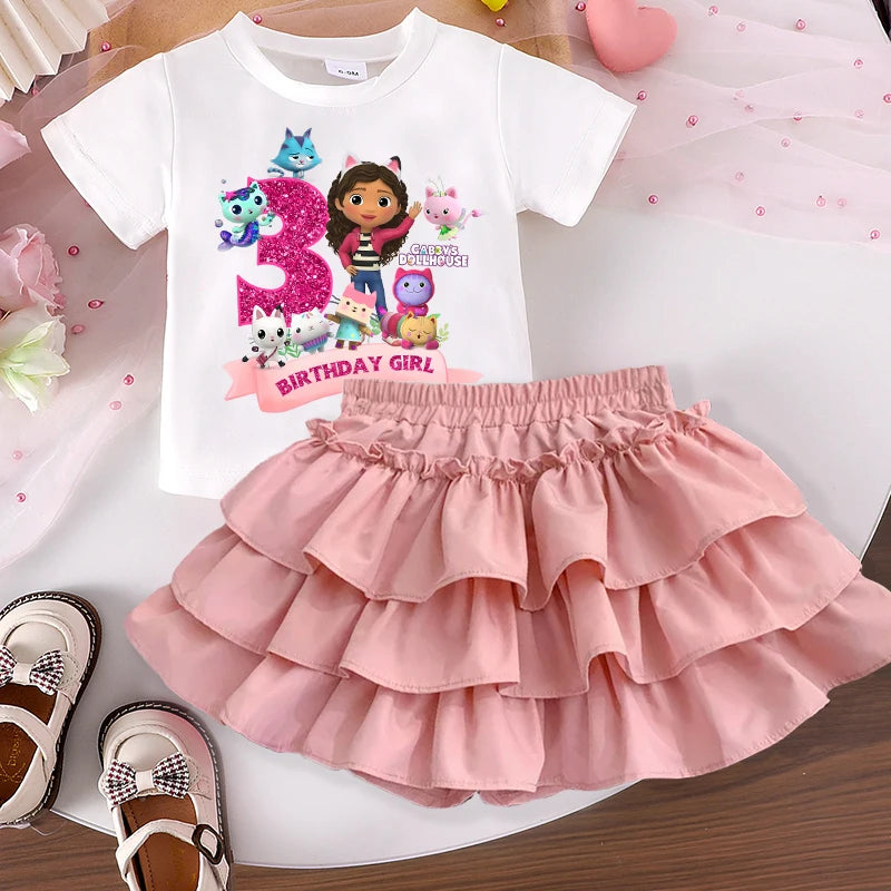 Gabby's Dollhouse Sweet Skit T-shirt Set for Girls Anime Cartoon Fashion Dress Short Sleeved Shirt Suit Children Summer Clothes