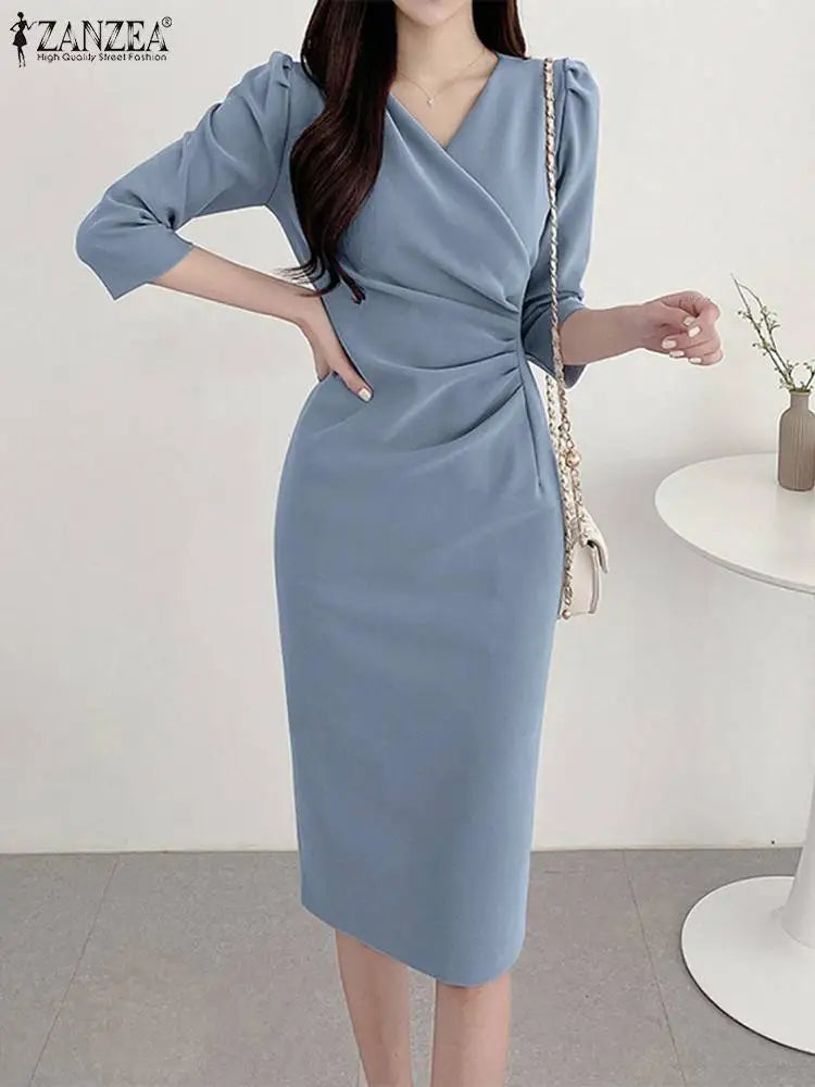 ZANZEA Women’s Elegant Bodycon Party Dress, Sexy V-Neck Knee Length Dress 3/4 Sleeve Ruched Waist, Summer Office Woman Clothes