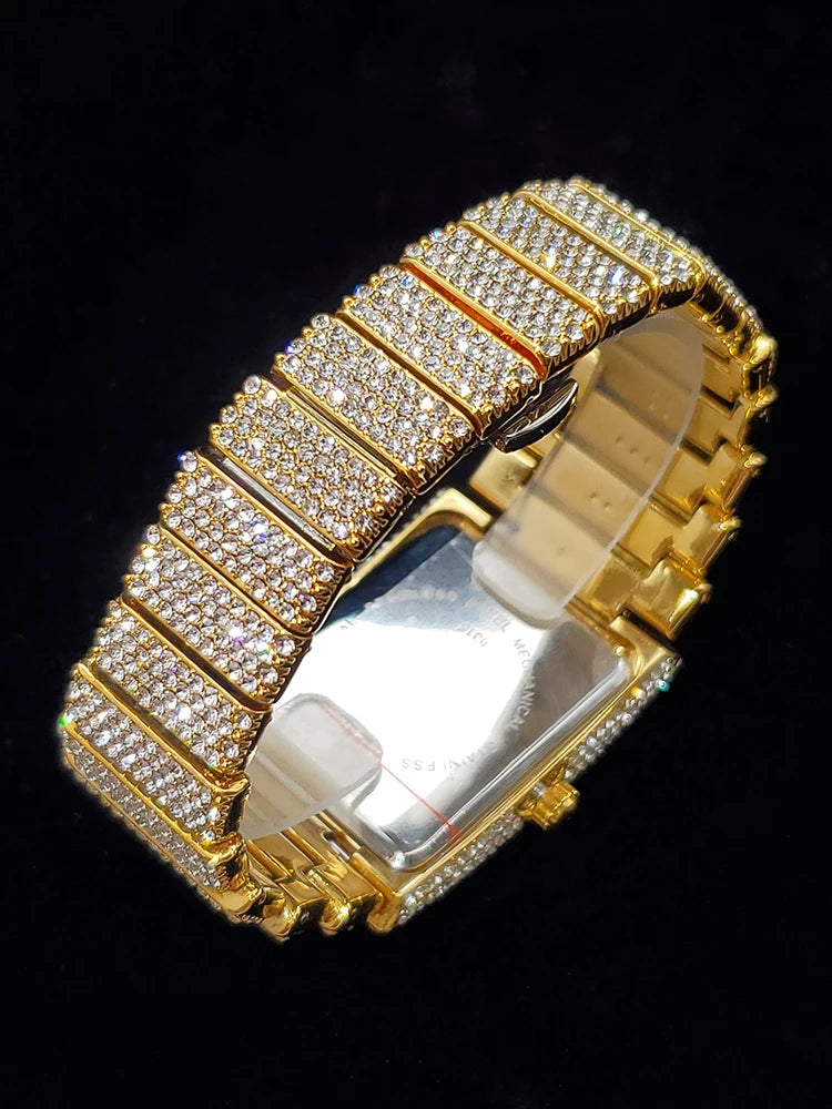 Gold Men's Watches Rectangle Dial Luxury Diamond Fashion Big Wristwatches Luminous Point Iced Quartz Watch For Men Dropshipping