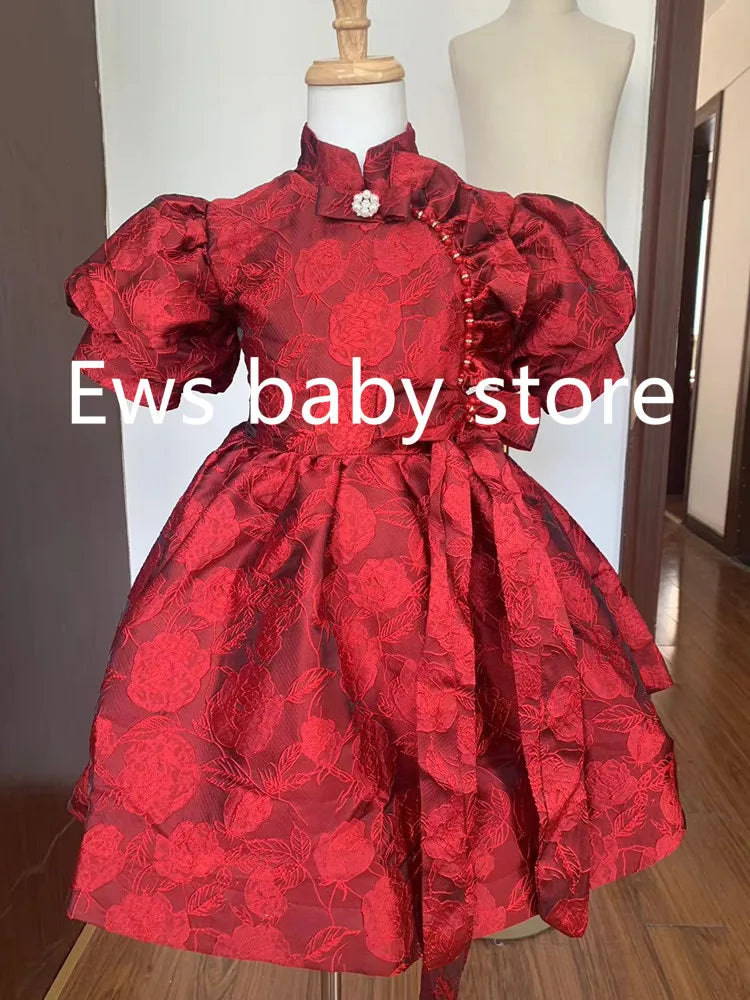 Summer New Children's Princess Ball Gown Kids Bow Puff Sleeve Design Wedding Birthday Baptism Party Red Dresses For Eid  A2051