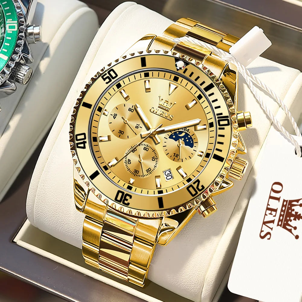 OLEVS Men's Luxury Chronograph Moon Phase Stainless Steel Watch