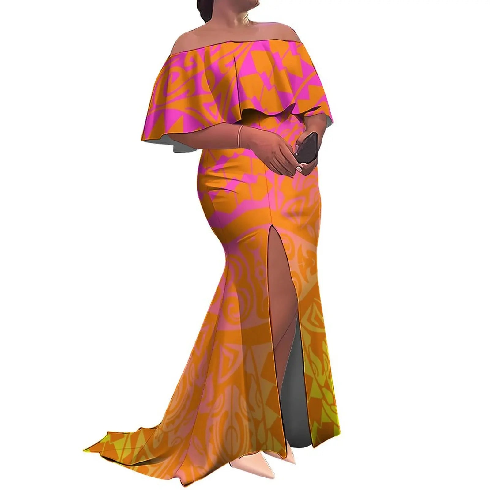 Tax Free Custom Logo Ladies Fishtail Evening Dress Polynesian Frill Off the Shoulder Split Mermaid Long Maxi New Zealand Dress
