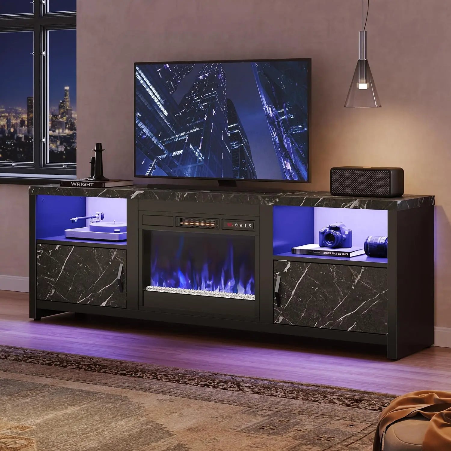 HUANZHUANG Fireplace TV Stand With LED Lights And Storage Cabinets