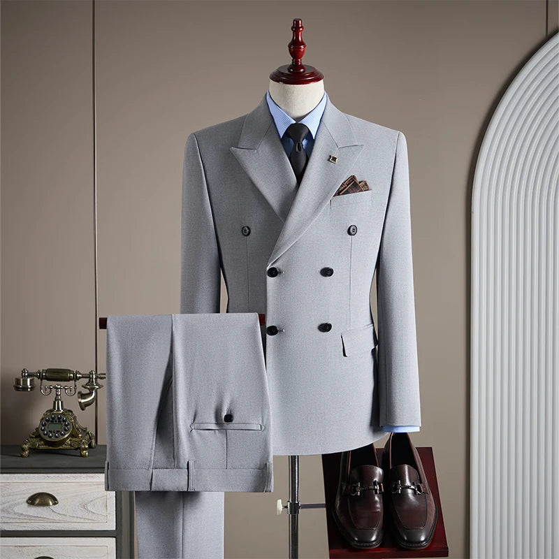 NONECN Men's Double Breasted Wedding Suit Set Slim Fit Three-Piece