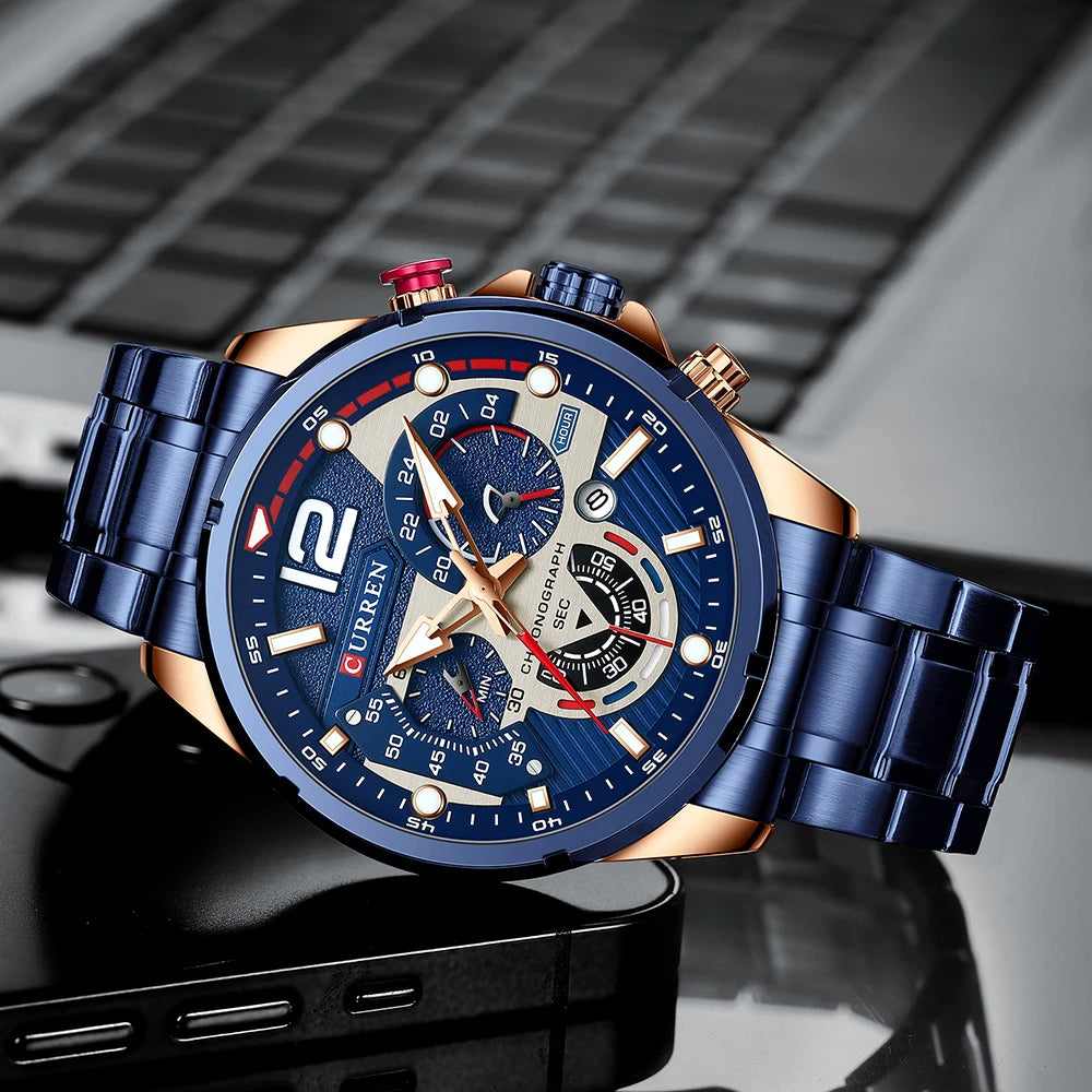 Curren Men's Quartz Chronograph Watch Waterproof Stainless Steel Band