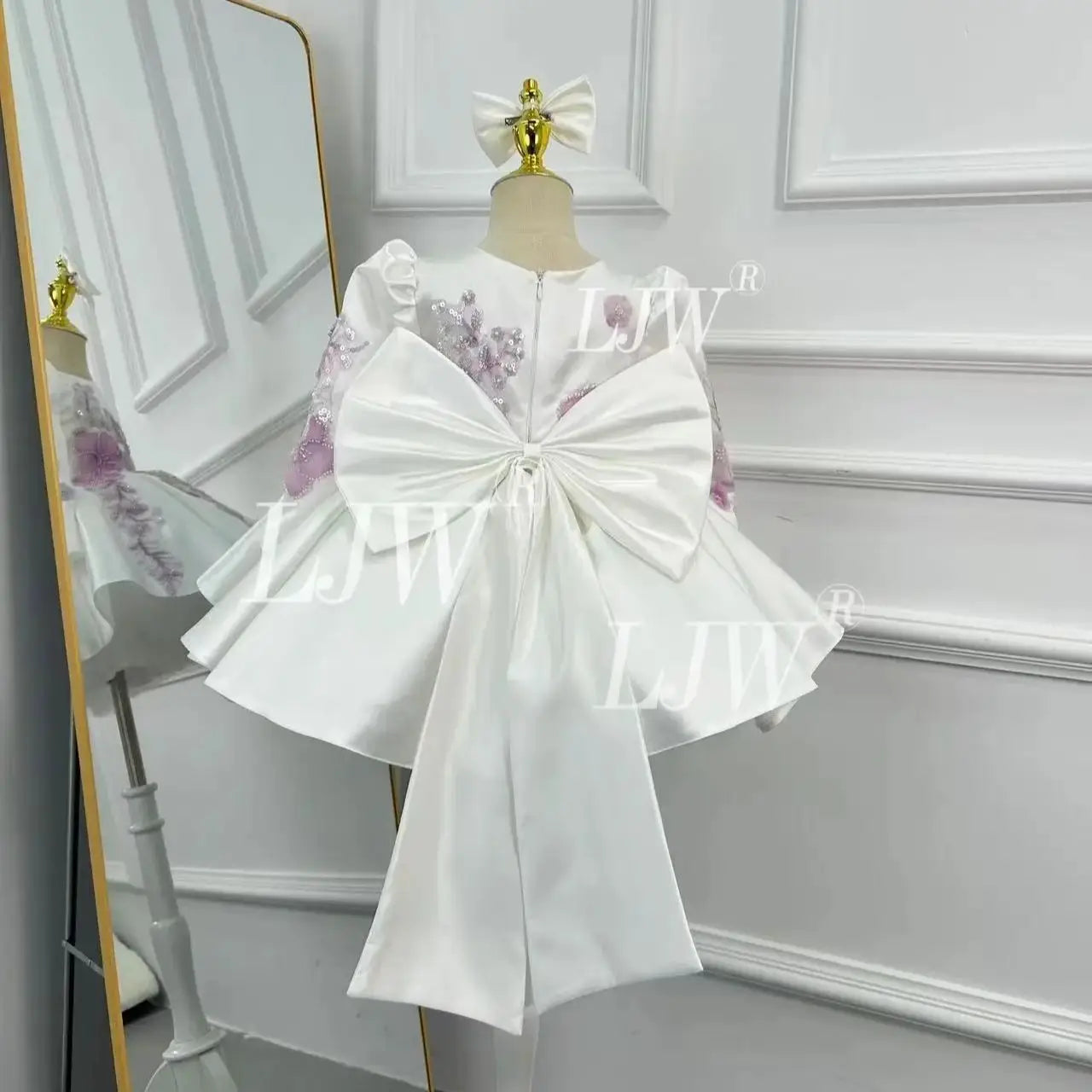 Elegant long sleeve atin embroidered Flower Girl Dress 1st Birthday Pageant Party Prom Gown flower wedding piano performance  Pr