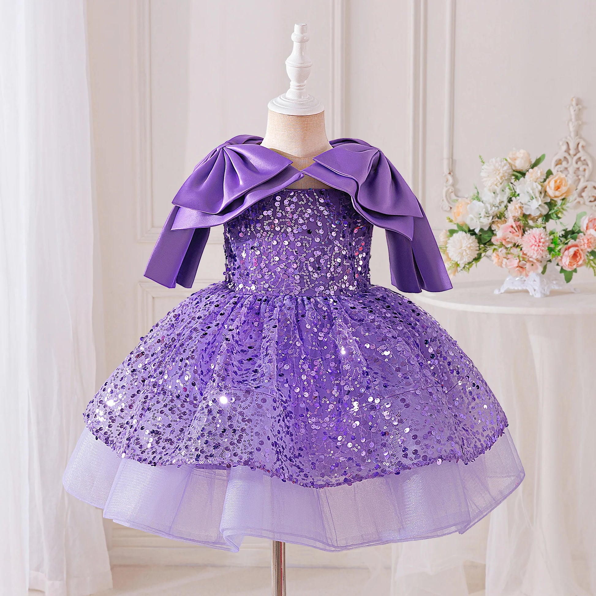 PLBBFZ Girls Sequin Bow Dress Tulle Party Princess Prom