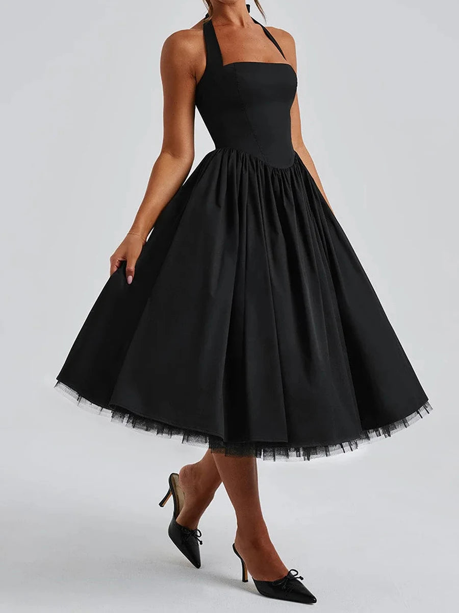 Hirigin Velvet Sleeveless Midi Dress With Halter Neck Open Back