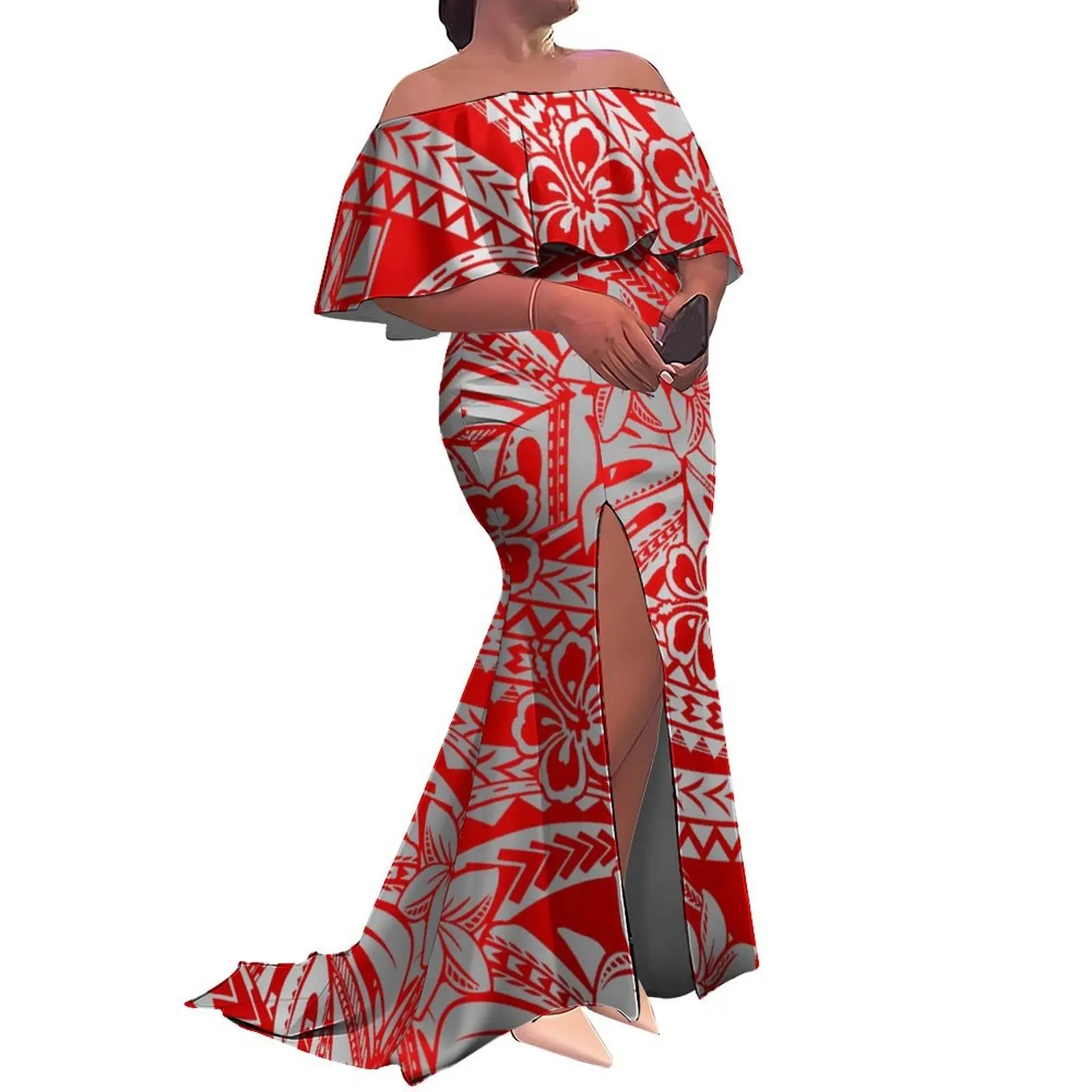 Tax Free Custom Logo Ladies Fishtail Evening Dress Polynesian Frill Off the Shoulder Split Mermaid Long Maxi New Zealand Dress