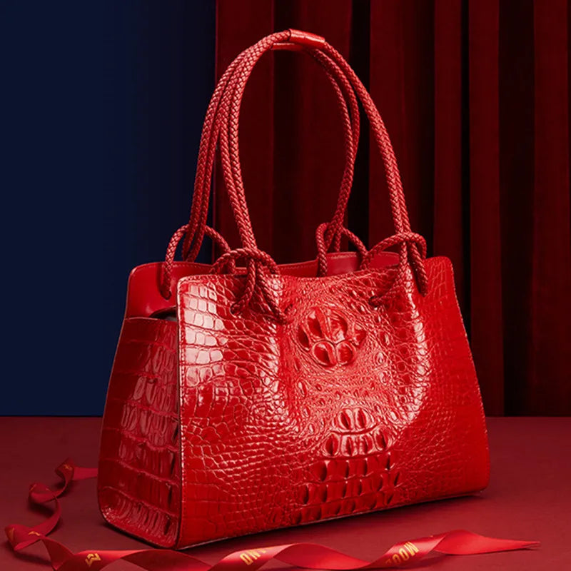 BJYLCN Genuine Leather Womens Travel Tote Bag Crocodile Pattern