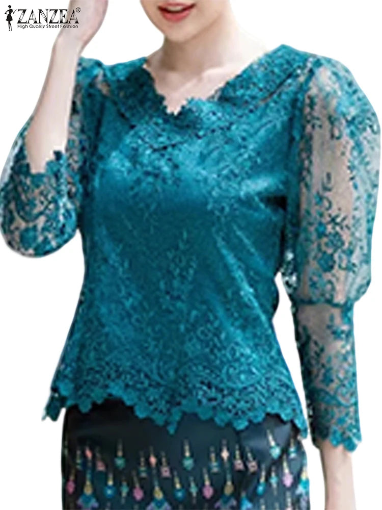 ZANZEA Summer Lace Blouse Hollow Out Floral Tunic