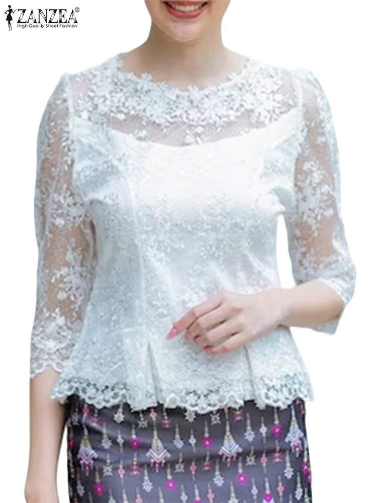 ZANZEA Summer Lace Blouse Hollow Out Floral Tunic