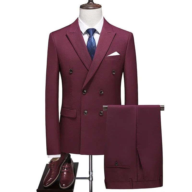 Mens Double Breasted Suit Blazer Pants British Style Business Formal
